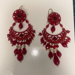 Red Beaded Chandelier Earrings wit Gold Hardware